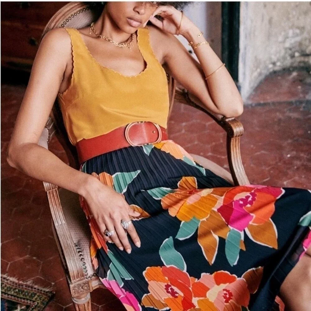 Sezane Floral Pleated Dino Skirt 34 US 2